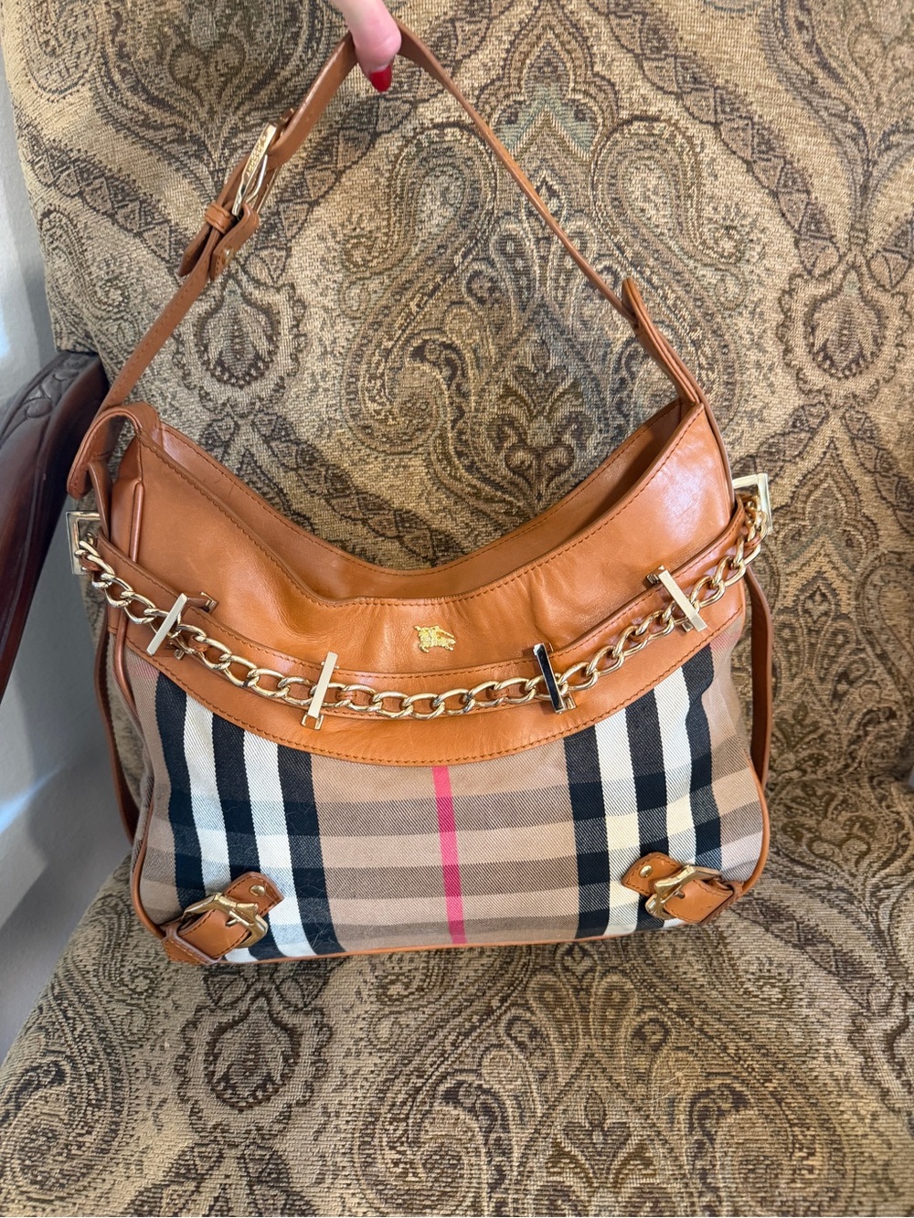Burberry Tan & Beige Plaid Shoulder Bag with Gold Chain